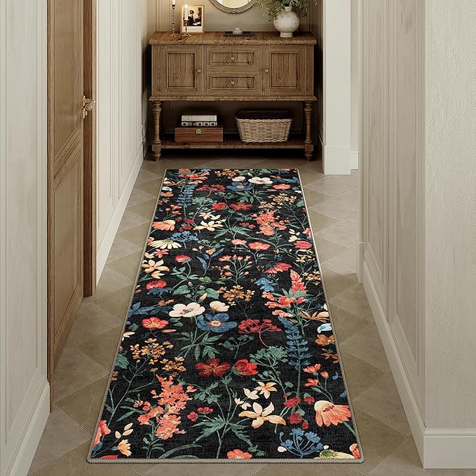Floral Runner Rug 2x5 Washable Hallway Long Black Bedroom Carpet Non Slip Indoor Boho Kitchen Low Pile Accent Rug Lightweight Soft for Bathroom Dining Laundry Living Room