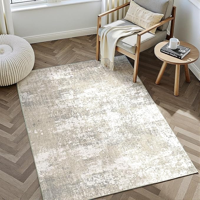 Modern Abstract Beige Gray Area Rug 4x6 Entryway Machine Washable Office Carpet Kitchen Door Mat Indoor Accent Throw Low Pile Non Slip Distressed Living Dining Laundry Room Bedroom