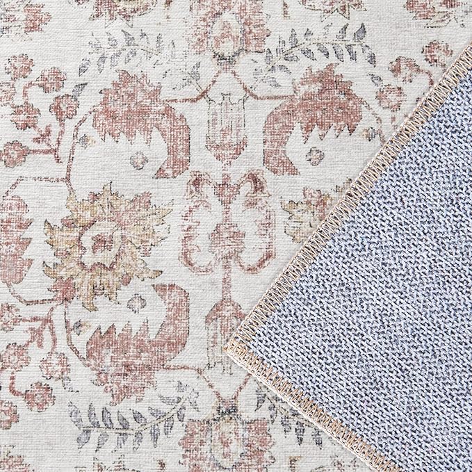 jinchan Runner Rug 3x8 Washable Hallway Rug Vintage Indoor Thin Retro Floor Cover Distressed Floral Country Lightweight Non Slip Carpet for Entryway Bathroom Kitchen Bedroom Living Room Stairway Red