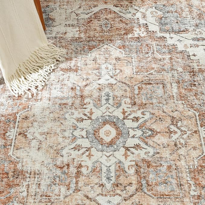 jinchan Kelda Living Room Area Rug 10x12 Washable Rug Vintage Indoor Large Floor Cover Distressed Lightweight Non-Slip Low Pile Thin Mat Stain Resistant Carpet for Bedroom Dining Room Office Brick Red