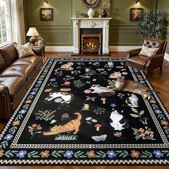 8x10 Area Rugs Living Room Rug: Vintage Washable Rug Floral Soft Carpet Indoor Floor Non-Slip Boho Stain Resistant Large Carpets for Bedroom Kids Nursery Dining Room Farmhouse Home Office Black/C01
