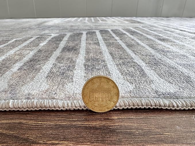 GLN Rugs Contemporary Collection - Machine Washable Area Rug, Contemporary Washable, Non Slip, Low Pile Chenille Rug, Living Room, Bedroom, Kitchen Rug (4' x 6' Lines Cream)