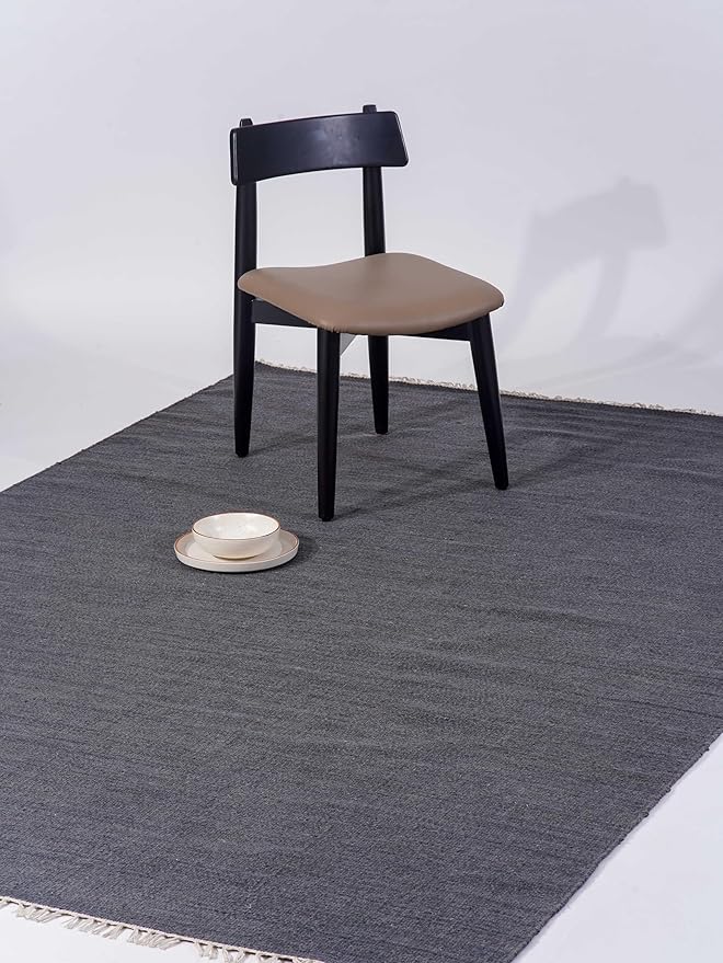 Rugsotic Carpets Hand Woven Flat Weave Kilim Wool ECO-Friendly Area Rugs - 5'x8', Rectangle Shape, Charcoal Color, Solid Plain Design, Low Pile Handmade Rugs for Living Room, Bed Room (D00111)