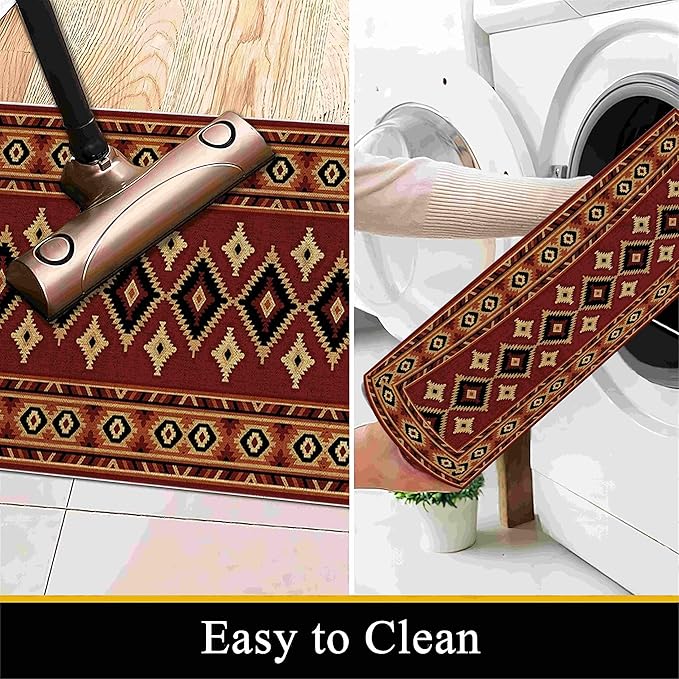 Burgundy Diamond Runner Rug, 4x12ft Hallway Runner Rugs - Corridor & Foyer Area Rugs, Non-Slip Mat Durable Rug, Washable Flannel Material, Southwestern Geometric Home Decor Carpet