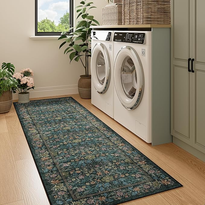 DUKINO 2.6x8 Runner Rug for Hallway, Washable Vintage Floral Kitchen Rug with Non Slip Backing, Soft Low Pile Throw Carpet Runner for Kitchen, Laundry, Hallway, Bathroom, Blue