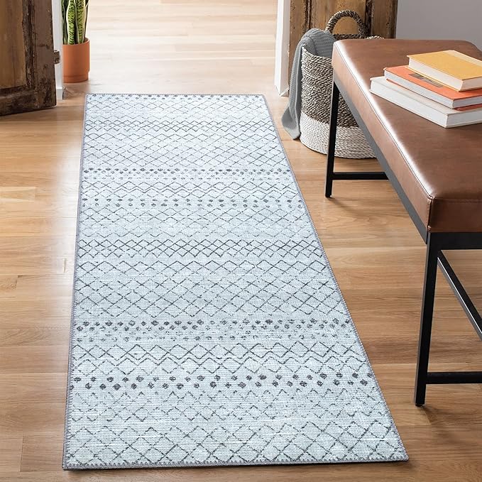 Bloom Rugs Washable Non-Slip 7 ft Runner - Ivory/Gray Traditional Moroccan Runner for Entryway, Hallway, Bathroom, and Kitchen - Exact Size: 2.5' x 7'
