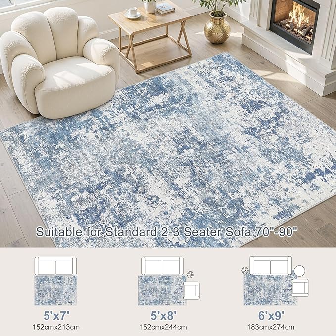 6x9 Area Rug Living Room Rugs - Washable Neutral Modern Abstract Soft Thin Rug Indoor Floor No Slip Rug Carpet for Bedroom Under Dining Table Home Office Decor - Blue White