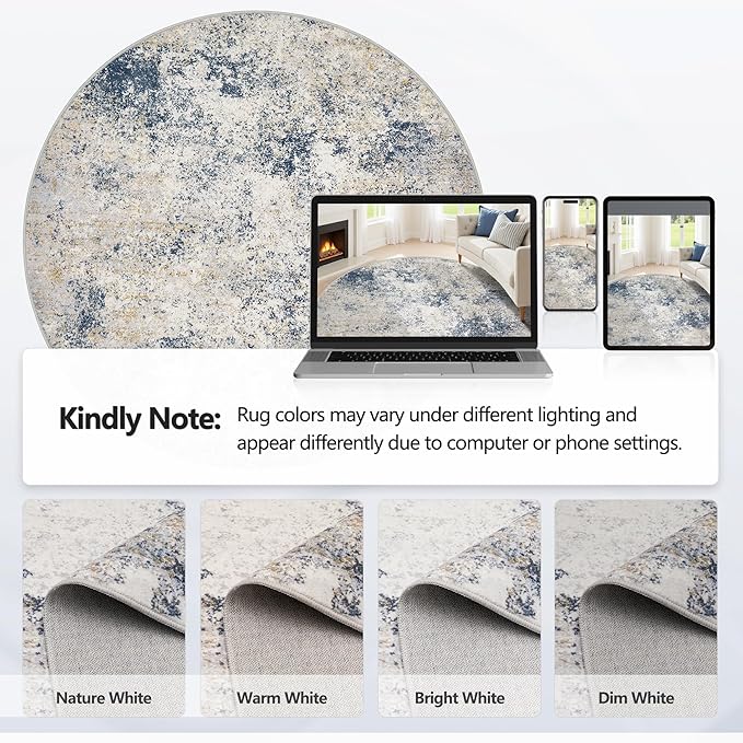 6ft Washable Round Rug - 6x6 Area Rugs Modern Abstract Rugs for Living Room Non-Slip Low Pile Soft Machine Washable Carpet for Bedroom, Living Room, Dining Room, Nursery, Farmhouse (6'x6' Beige Blue)