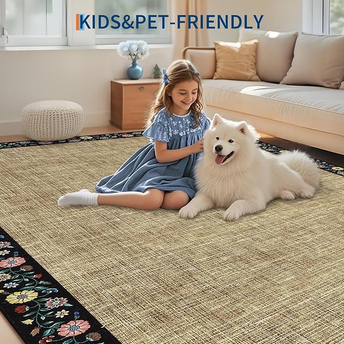 GarveeHome Entryway Rug 2x6 Modern Bordered Runner Rug Washable Kitchen Runners for Hallway Non-Slip Low-Pile Soft Carpet Floral Print Bathroom Mat for Bedroom Laundry Room, Yellow
