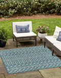 Unique Loom Outdoor Trellis Collection Area Rug - Tribal Trellis (5' 3" Square, Teal/ Ivory)