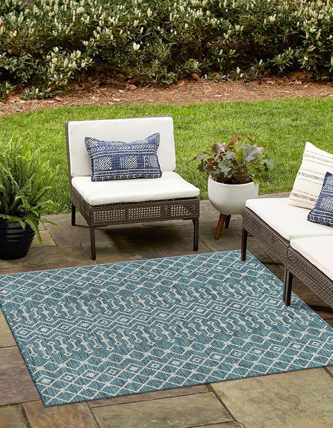 Unique Loom Outdoor Trellis Collection Area Rug - Tribal Trellis (10' Square Teal/Ivory)