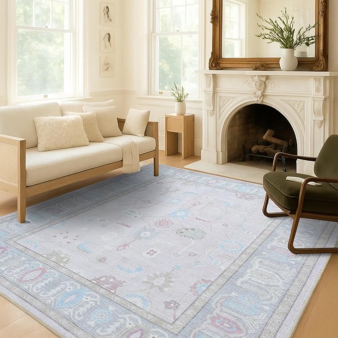 Pink Oushak Rug, Modern, Vintage, Turkish, Eclectic, Floral, Pastel, Washable, Extra Large Area Rugs for Living Room, Dining, Bedroom, Lounge, 9'x12'