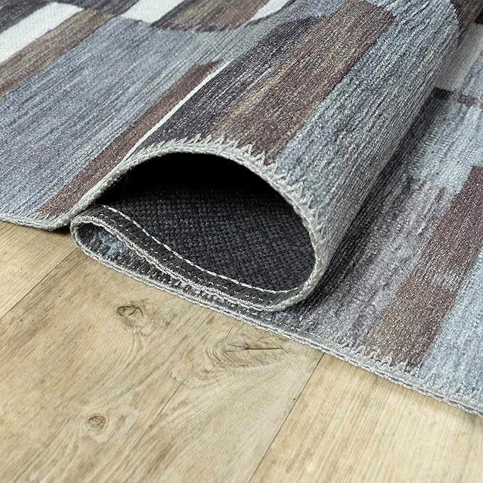 Bloom Rugs Washable Non-Slip 9' x 12' Rug - Blue/Brown Striped Area Rug for Living Room, Bedroom, Dining Room, and Kitchen - Exact Size: 9' x 12'