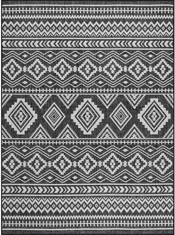Beverly Rug Waikiki Boho Indoor Outdoor Rug 10x14, Washable Outside Carpet for Patio, Deck, Porch, Bohemian Area Rug, Farmhouse Rugs, Aztec Tribal Rug, Black and White