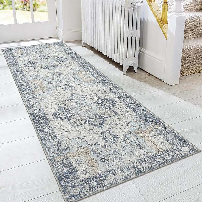 GENIMO Runner Rug 2'6''x10, Non Slip Vintage Hallway Runner Rugs, Low Pile Lightweight Machine Washable Mat for Hallway, Entryway, Bedroom, Kitchen and Corridor, Blue