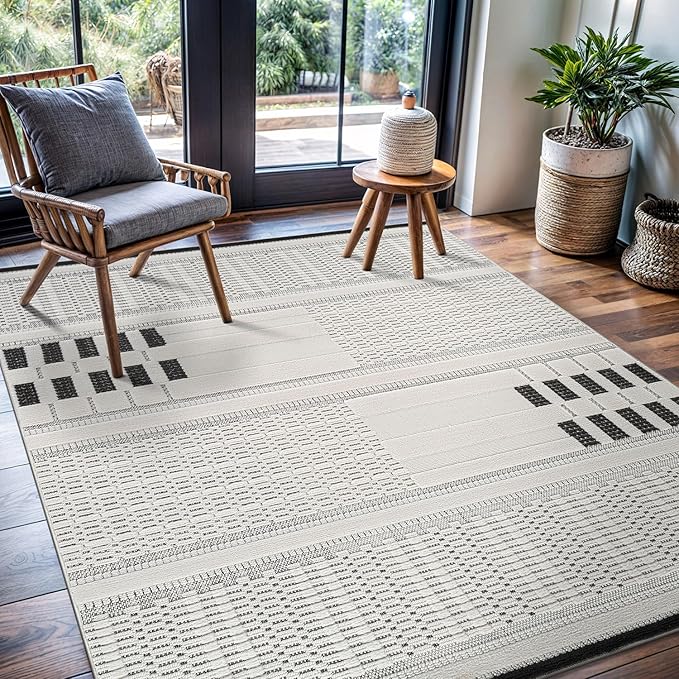 CAMILSON Modern Rug 8x10 Luxury Geometric Pattern Micro Loop Area Rugs Soft High and Low Pile Stain Resistant Easy to Clean Non-Shedding Durable Living Room Bedroom Indoor Carpet (White/Black)