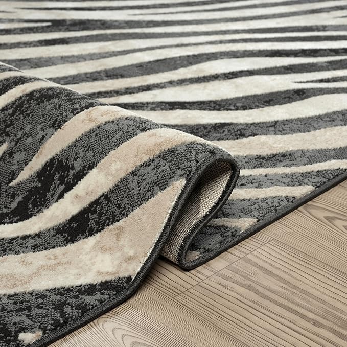 Abani Terra Area Rug for Living Room, Bedroom - Zebra Pattern - Black Cream - 2' x 3' - Durable & Easy to Clean