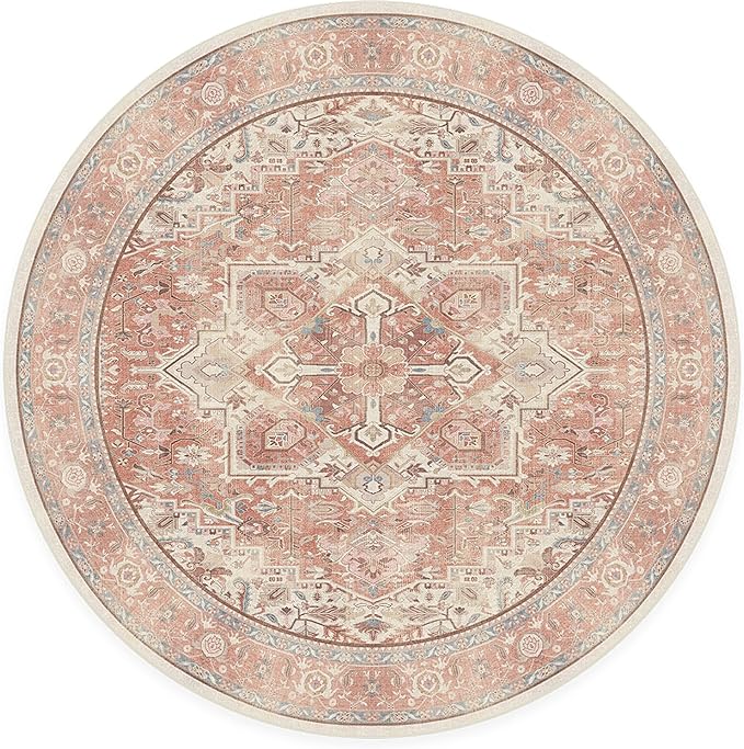RUGGABLE Washable Area Rug – Kamran Rose Pink 6 ft Round, Stain-Resistant, Non-Slip – Medium Machine Washable Rugs for Living Room, Bedroom, Hallway, Entryway & Office–with Standard Pad