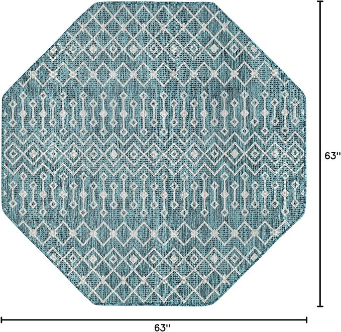 Unique Loom Outdoor Trellis Collection Area Rug - Tribal Trellis (5' 3" Octagon, Teal/ Ivory)