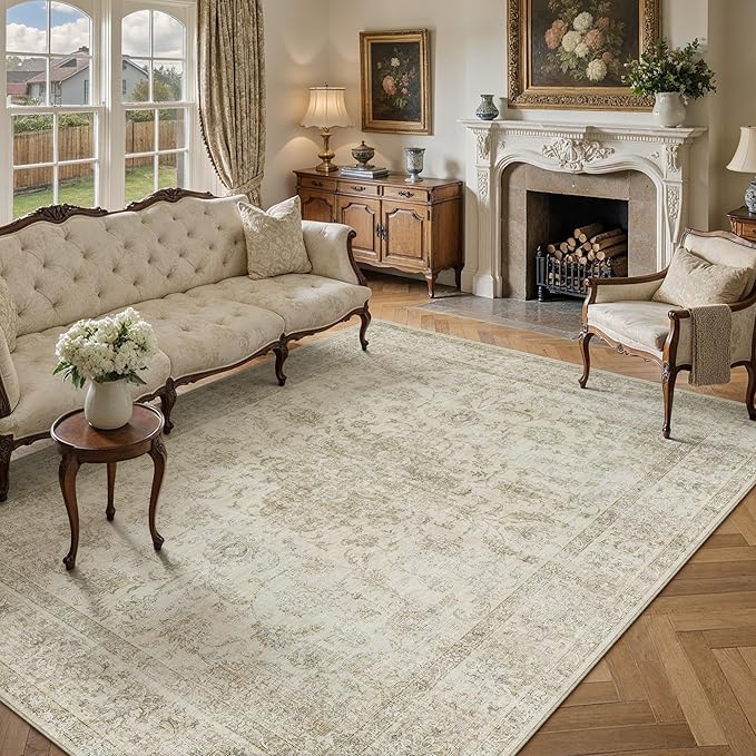 HUGEAR Retro Beige Area Rug 8x10 Machine Washable Living Room Rugs Distressed Vintage Floral Low Pile Carpet Bedroom Office Dining Room Laundry Room Non Slip Soft Lightweight