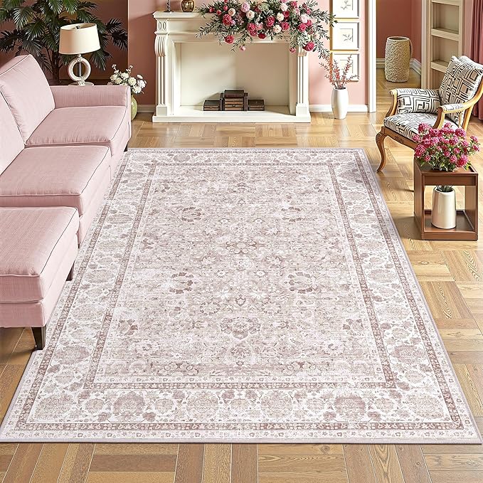 Light Pink Area Rugs 3x5 Nursery Rug for Baby Girl Neutral Floral Area Rug for Living Room, Vintage Boho Washable Rug Indoor Carpet for Bedroom Dining Room
