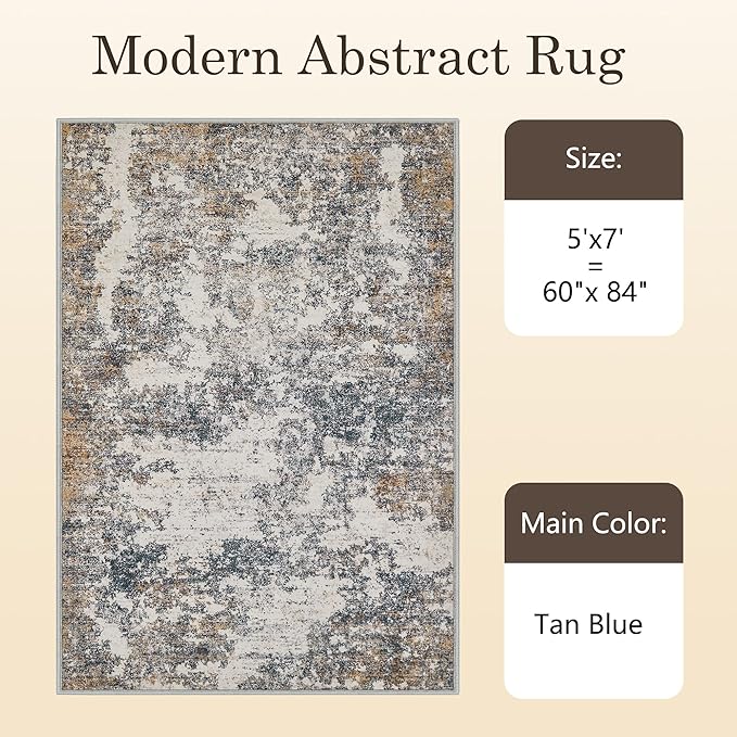 5x7 Washable Area Rugs - Modern Abstract Rugs for Living Room Non-Slip Low Pile Soft Machine Washable Carpet for Bedroom, Dining Room, Nursery, Home Office, Farmhouse (5'x7' Tan Blue)