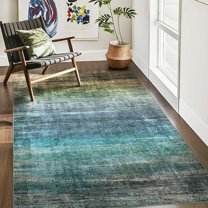 Kokia Abstract Washable Area Rug Living Room Washable 4x6 Non-Slip Stain Resistant Bohemian Rug Soft Indoor Vibrant Blue Carpet for Bedroom Room Decor, Oslo Teal