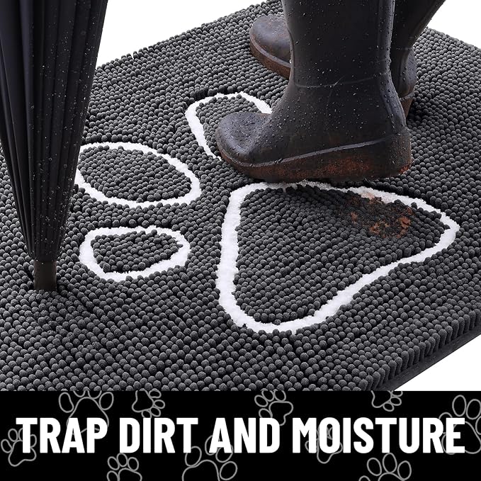 Smiry Dog Door Mat for Muddy Paws, Absorbent Dirt Trapper Non Slip Quick Dry Washable Chenille Mat for Mud Dogs, Entry Rug for Indoor and Outdoor (70x24 Inches, Dark Grey and White)