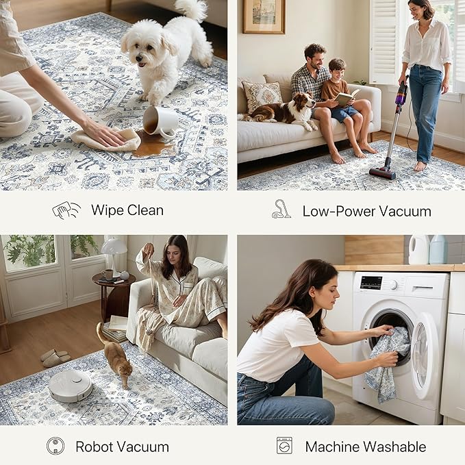 Bavni 3x5 Area Rug for Living Room Bedroom, Washable Boho Print Vintage Aesthetic Rug, Ultra-Thin Low Pile Rugs for Entryway Playroom with Non Slip Backing, Light Blue