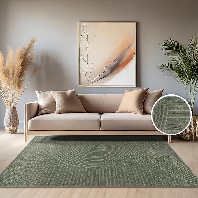 Paco Home Modern Area Rug with Raised Curved Line Pattern – Minimalist Design in Green, Size: 4' x 5'7"