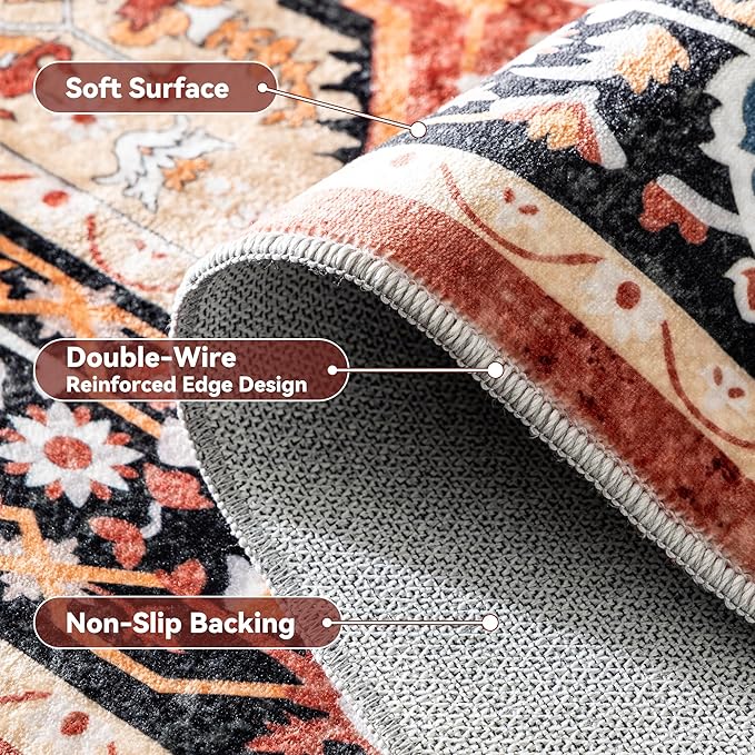 EnHomee 3x5 Washable Area Rugs for Bedroom, Boho Vintage Rugs, Foldable Area Rug for Dining Room, Non-Slip Soft Living Room Rug, Low Pile Large Carpet for Bathroom, Red