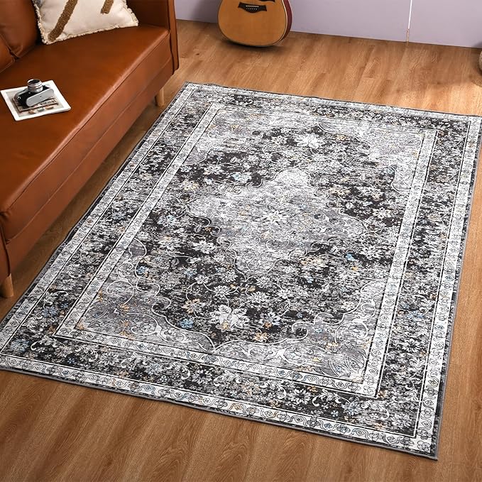 4x6 Washable Rug – Boho Non-Slip Indoor Area Rug for Living Room, Bedroom, Dining Room, Entryway – Charcoal Grey and Ivory with Blue Highlights