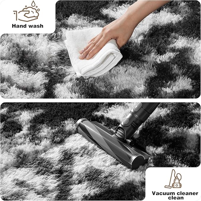 Black and White Rugs for Bedroom, 2x3 Fluffy Small Area Rugs for Living Room, Soft Shag Fuzzy Carpet with 4 Non-Slip Stickers for Kids Boys and Girls Nursery Room Dorm Home Decor (2ft x 3ft)