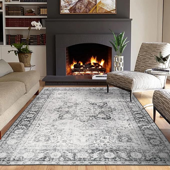 ReaLife Rugs Machine Washable Area Rug - Living Room Bedroom Bathroom Kitchen Entryway Office - Padded Low Pile Stain Resistant Premium - Boho Farmhouse Vintage - Joy - Gray 7'6" x 9'6"