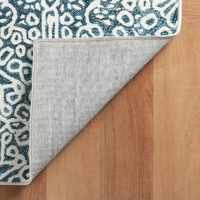 Dash & Albert Temple Ink Machine Washable Rug, 7.5 X 9.5 Feet, Blue Geometric Pattern