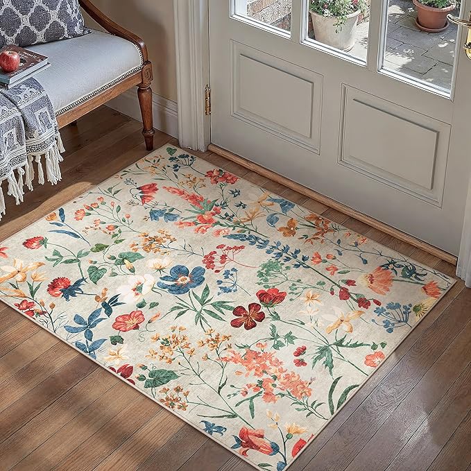 Beige Area Rug 2x3 Entryway Floral Boho Door Mat Indoor Washable Kitchen Carpet Non Slip Bedroom Lightweight Low Pile Accent Rug for Bathroom Living Room Office Dining Room