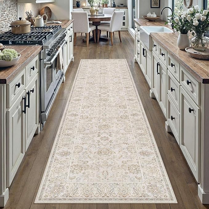 HUGEAR 2x8 Machine Washable Hallway Runner Rugs Vintage Grey - Neutral Non Slip Stain Resistant Low Pile Aesthetic Throw Carpet Kids & Pet Friendly for Bedroom Kitchen Entryway