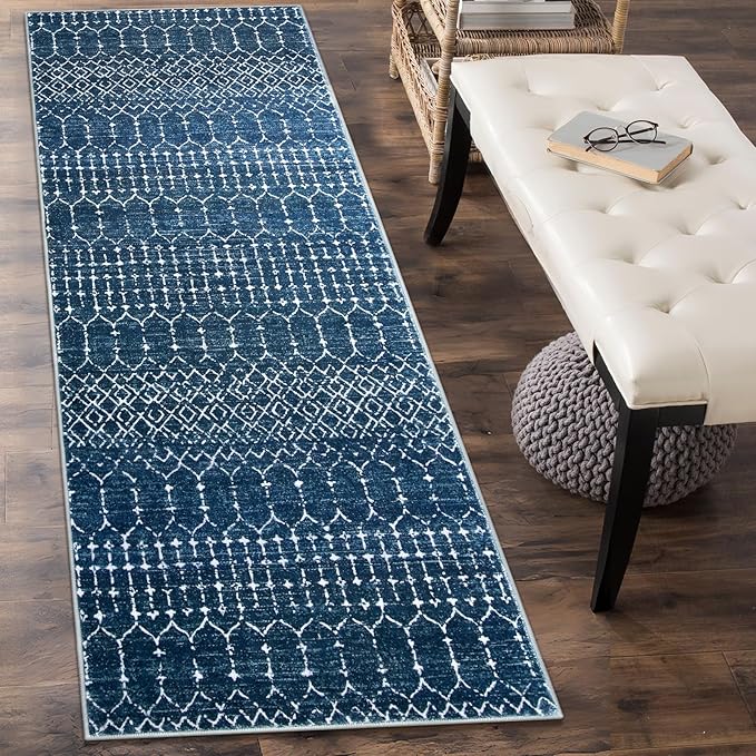 Lahome Moroccan Washable Kitchen Runner 2x8 Carpet Runners for Hallway 8Ft Low-Profile Non-Slip, Indoor Geometric Print Distressed Rug for Entryway Laundry Room Foyer, (Blue,2'x8')