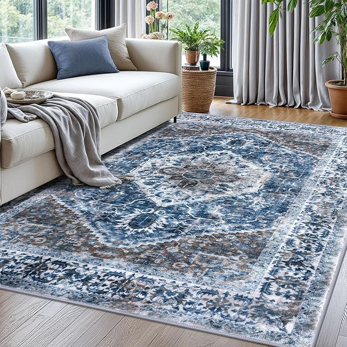 KOZYFLY Boho Area Rug 5x7 Ft Thin Rugs for Living Room Washable Bedroom Rug Non Slip Rugs for Living Room Blue Printed Faux Wool Vintage Bedroom Rug Floor Carpet for Dining Room