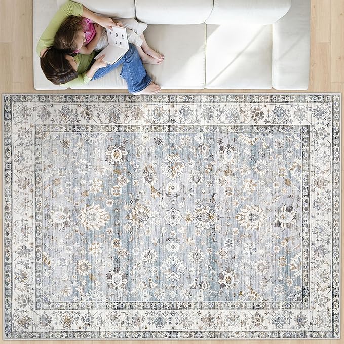 Area Rug 8x10 Living Room Rug, Machine Washable Vintage Distressed Boho Area Rug Non-Slip Soft Low Pile Large Indoor Rugs for Bedroom Kitchen Dining Room Office(Light Blue,8'x10')