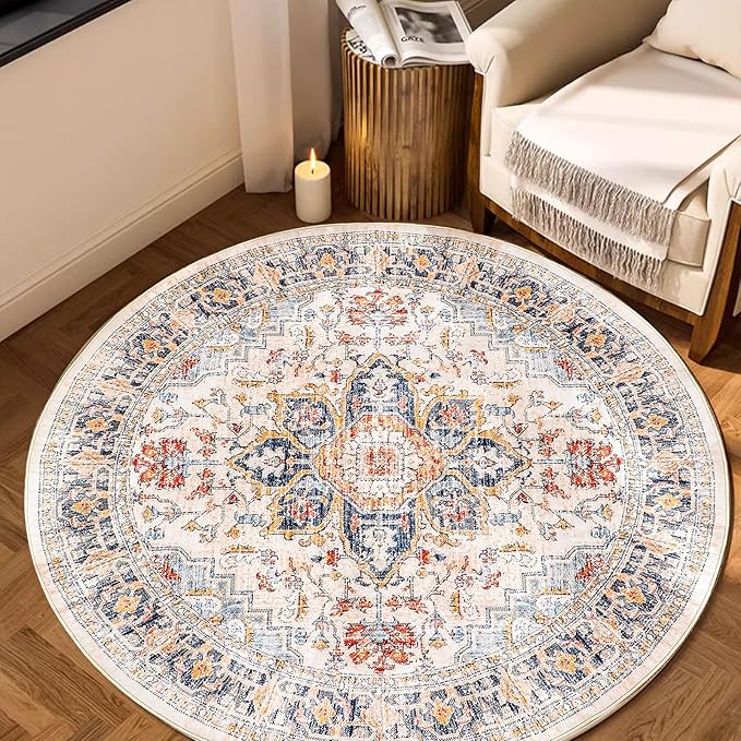 VK VK·LIVING Round Washable Rug 5'Ft Vintage Machine Washable Area Rugs with Non Slip Round Rugs for Living Room Bedroom Traditional Woven Carpet Stain Resistant Dining Home Office Boho Rug (Blue)