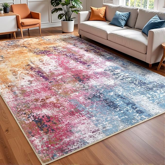 Washable Abstract Rug, 8x10 Modern Area Rugs with Non-Slip Rubber Backed for Living Room, Thin but Soft Contemporary Carpet Kitchen Bedroom Dining Room Decor, Galaxy