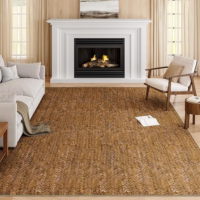 Eleisa Modern Vintage 10x14 Herringbone Chevron Area Rug, Non-Slip Stain Resistant Washable Rug, Brown Large Rug for Living Room, Farmhouse Carpet for Bedroom, Kitchen, Dining Room, Home Office