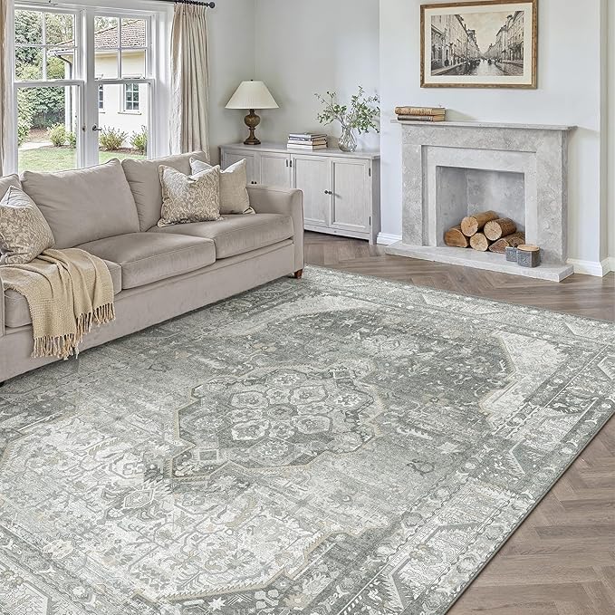 8x10 Grey Washable Vintage Area Rug for Living Room Bedroom Non Slip Distressed Traditional Soft Large Throw Rug Low Pile Lightweight Floral Carpet Office Indoor Classroom Dining Room