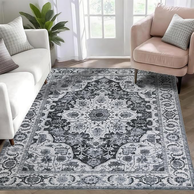 WILLSUN Washable Area Rugs, 3x5 Non-Slip Boho Large Area Rugs for Living Room, Bedroom, Machine Washable Vintage Rug, Indoor Floral Print Carpet for Home Decor, Kid & Pet Friendly Mat