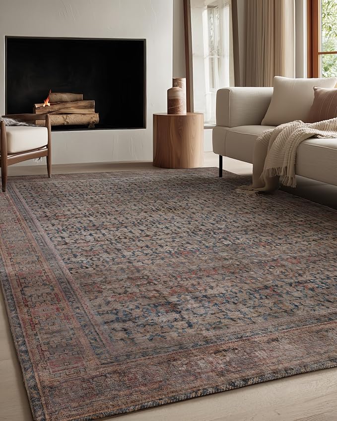 Kuden 8x10 Large Area Rug, Machine Washable Area Rug with Non-Slip Backing, Vintage Style, Soft, Easy Clean, Low Pile Rug for Living Room, Bedroom, Dining Room