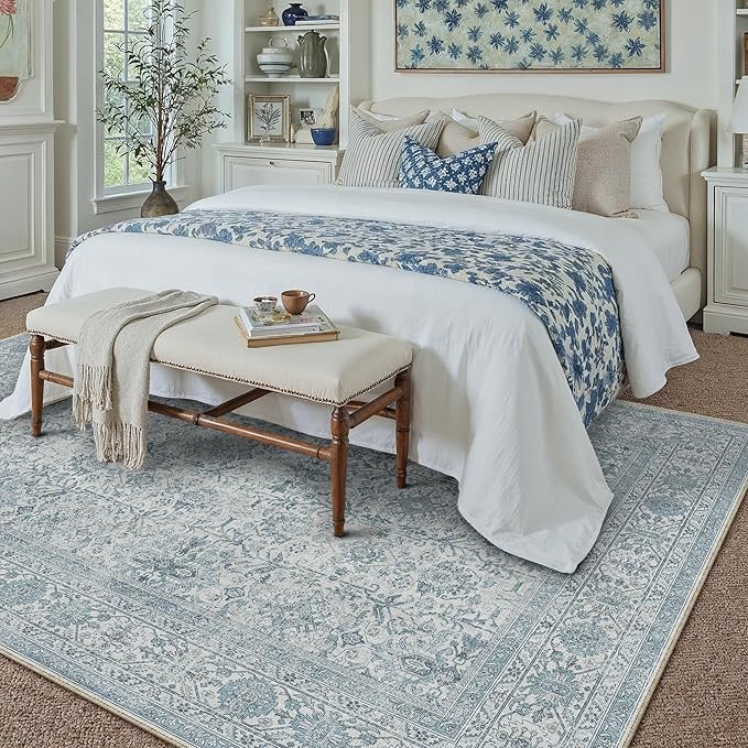 Area Rug 5x7 Blue Washable Living Room Carpet Soft Non Slip Vintage Bedroom Indoor Office Traditional Retro Distressed Thicker Throw Large Rug for Dining Room Bathroom Kitchen