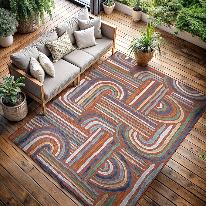 CAMILSON Indoor Outdoor Rug, Orange 5x7 Geometric Arch Striped Area Rugs for Patio and Home Areas, Easy-Cleaning Non-Shedding Living Room, Garden and Deck Washable Outside Carpet (5 x 7)