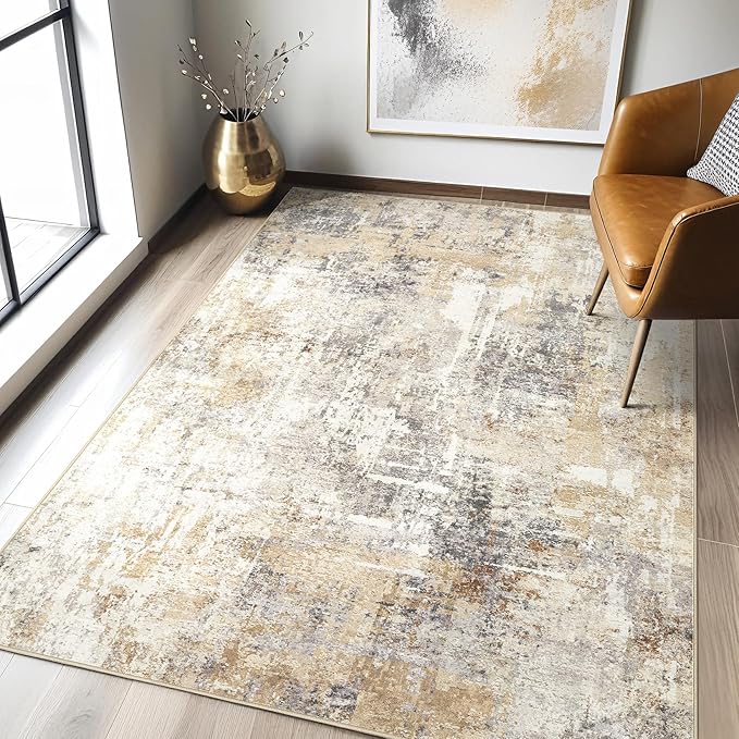 3X5 Rug Washable Area Rugs: Abstract Modern Soft Stain Resistant Indoor Floor Non Slip Throw Carpet for Entryway Living Room Closet Front Door Kitchen Bedroom Bedside Office Dorm- Gray Gold