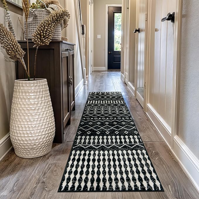 Rugshop Boho Black and White Tribal Area Rug – Geometric Diamond and Stripe Pattern Carpet for Living Room, Bedroom, or Entryway – Soft Modern Bohemian Floor Décor 2' 3" x 12' Runner Black